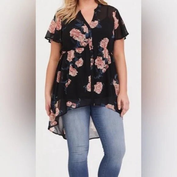 NWOT Torrid Black & Pink Floral Chiffon Babydoll Top Size 6X(30/32) - Picture 2 of 4